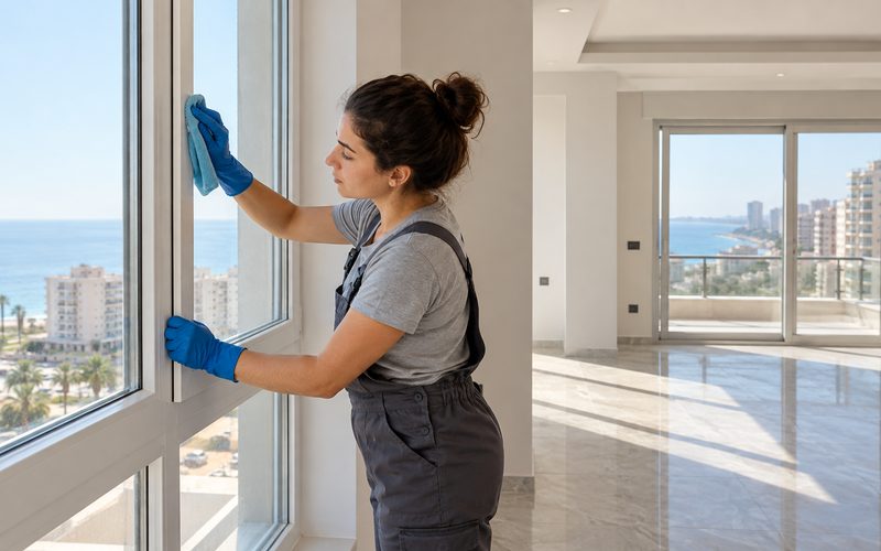 Yeni tadilatı bitmiş dairenin pencere çerçevesini temizleyen görevli