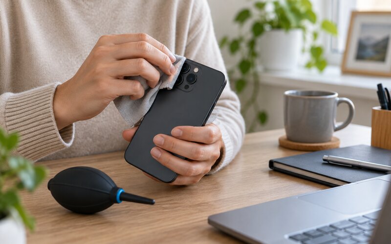 Telefon kamera lensini mikrofiber bezle temizleme