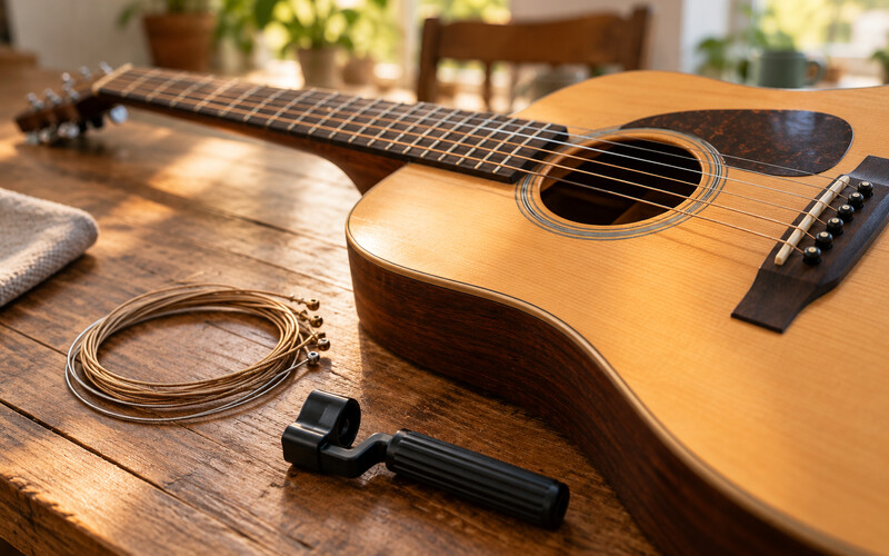 Ahşap masa üzerinde akustik gitar ve paketlenmemiş yeni tel takımı