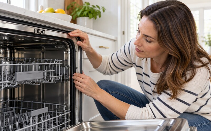 Bulaşık makinesi kapağının kilidini kontrol eden kişi