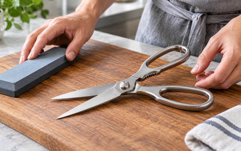 Kesme tahtası üzerinde temiz ve açık mutfak makası