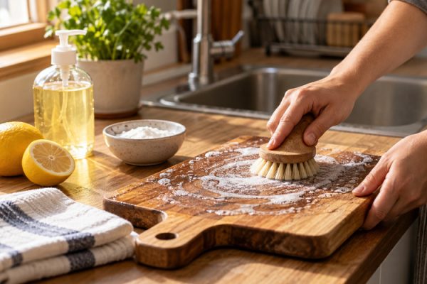 Mutfakta temizlenen ahşap kesme tahtası