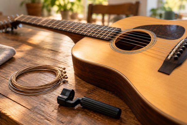 Ahşap masa üzerinde akustik gitar ve paketlenmemiş yeni tel takımı