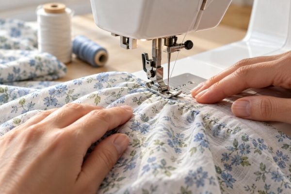 Dikiş makinesinde toplanan ince kumaş