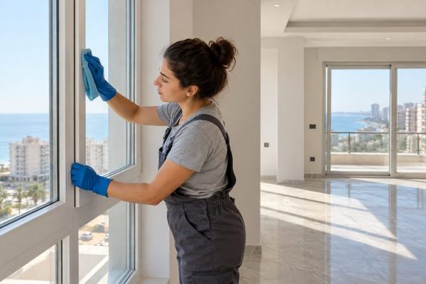 Yeni tadilatı bitmiş dairenin pencere çerçevesini temizleyen görevli