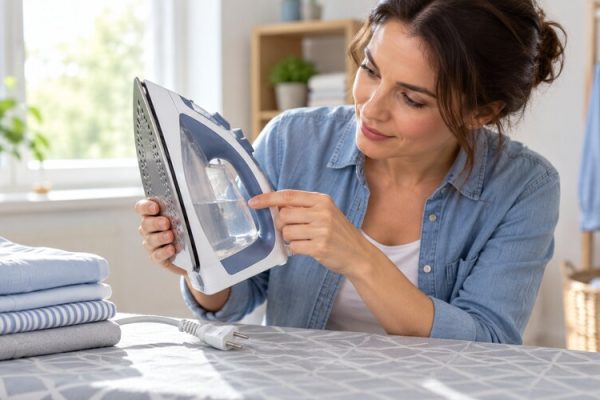 Soğuk ve fişi çekilmiş ütünün su haznesini kontrol eden kişi